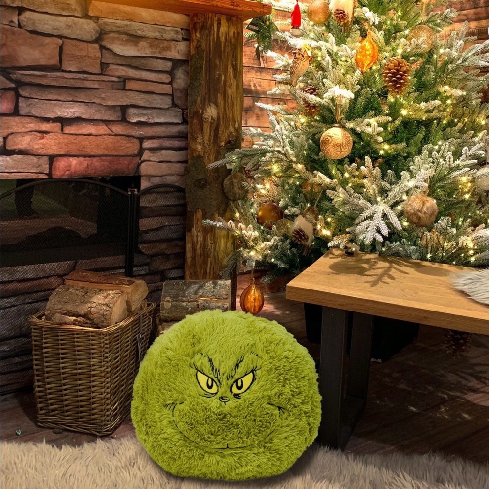 Grinch 16 Inch Furry Round Pillow with Embroidered Face - Picture 2 of 4